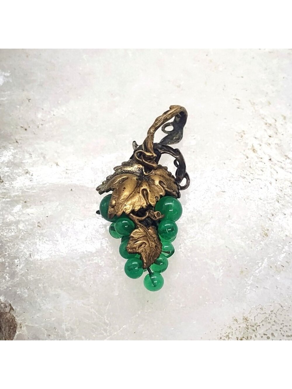 Vintage Green Jade Bead Grape Cluster Pendant w/Gold Tone Brass Leaves Detail 2"